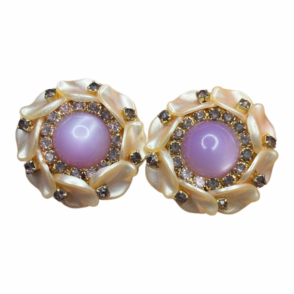Vintage Miriam Haskell Like Pink Rhinestone & Lucite Unsigned Clip Earrings